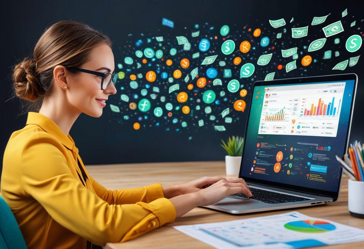 A person seated at a sleek modern desk, happily reading emails on a laptop, with dollar signs, coins, and banknotes subtly floating around the screen, symbolizing earnings. The background features a digital marketing dashboard to indicate performance tracking. super-realistic. vibrant colors.