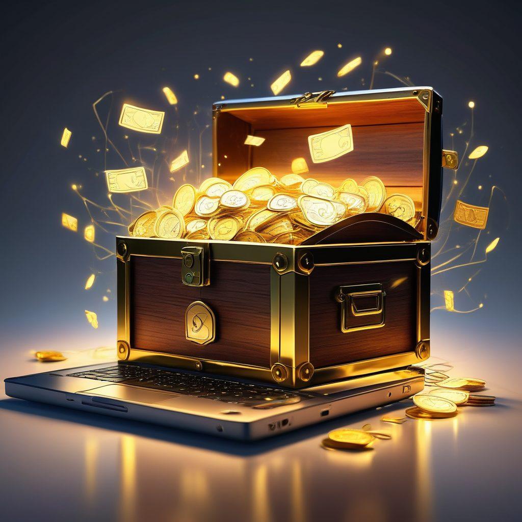 A treasure chest overflowing with gold coins and dollar bills, glowing brightly against a backdrop of an email inbox. Sparkling lines lead from emails to the treasure chest, symbolizing the easy flow of money. A happy person reading an email with a laptop, surrounded by floating email icons and dollar signs. vibrant colors. super-realistic.