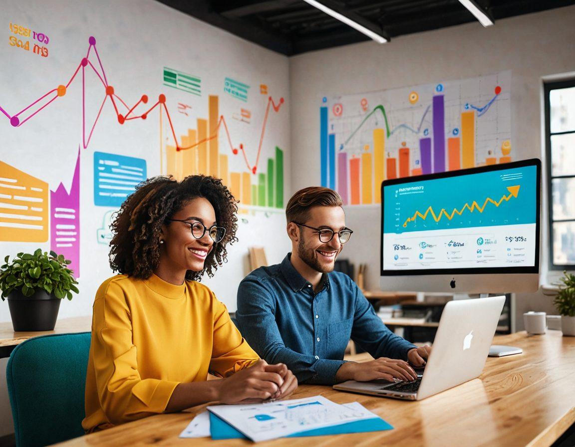 A dynamic, bustling workspace with a person joyfully reading emails on a laptop, dollar signs and upward graph lines subtly incorporated into the background to symbolize income growth, surrounded by elements of digital marketing and productivity tools. vibrant colors. super-realistic.